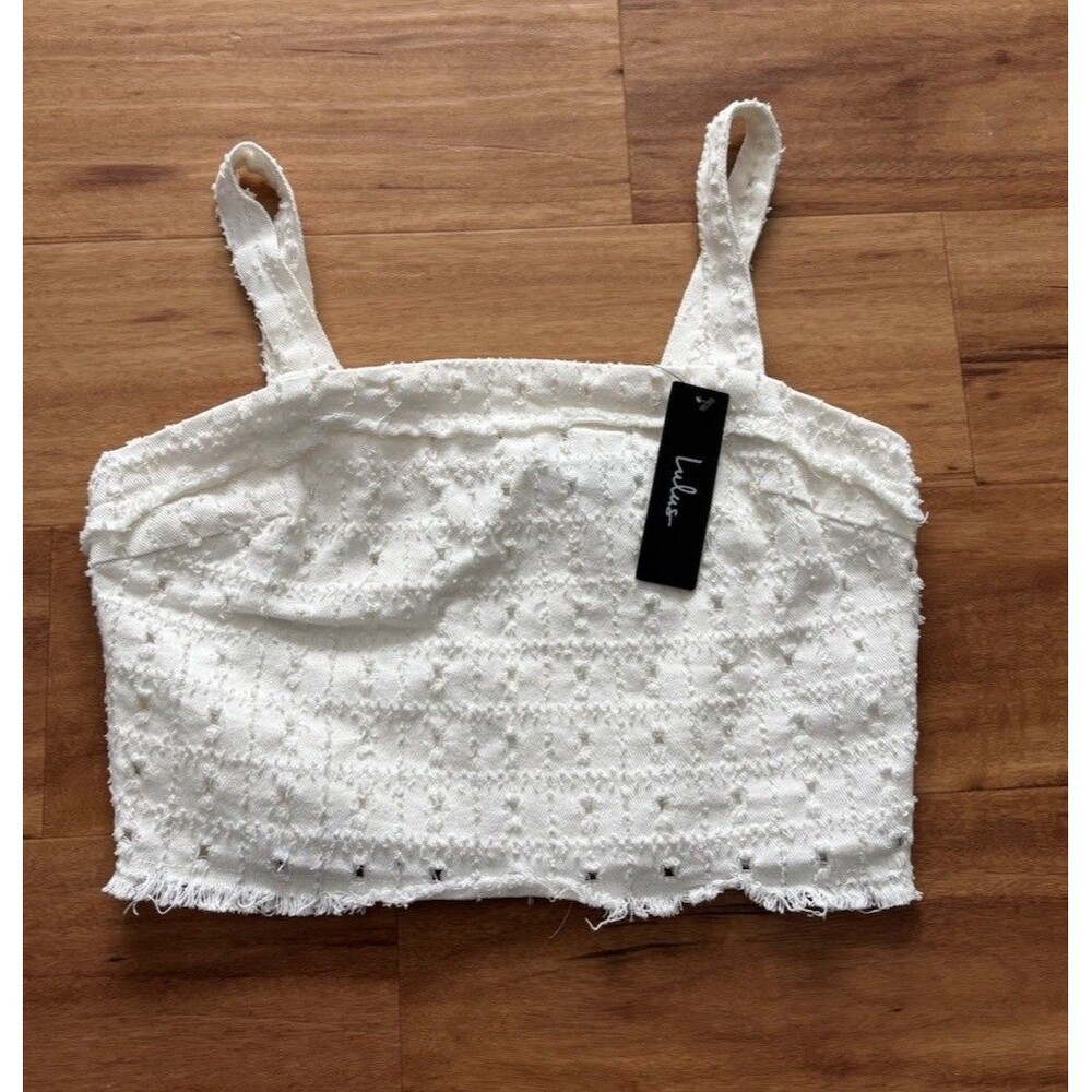 Lulus Downtown White Distressed Sleeveless Crop Top Frayed Hem Size Small NWT